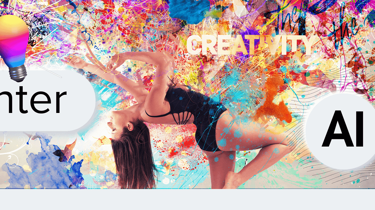 A girl posing with creativity and ideas, surrounded by a mix of exploding colours, representing the power of AI tools to unlock creativity