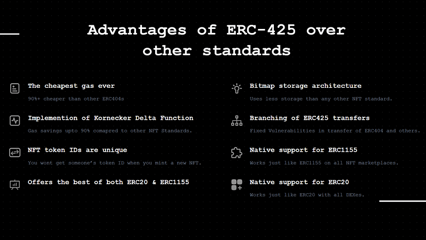 Detailed overview of the unique benefits of the ERC-425 standard over other protocols, highlighting features such as the cheapest gas fees, bitmap storage architecture, implementation of Kronecker Delta Function, unique NFT token IDs, and native support for ERC1155 and ERC20.